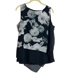 Calvin Klein Womens Sleeveless Blouse Medium Black White Floral Layered Chiffon